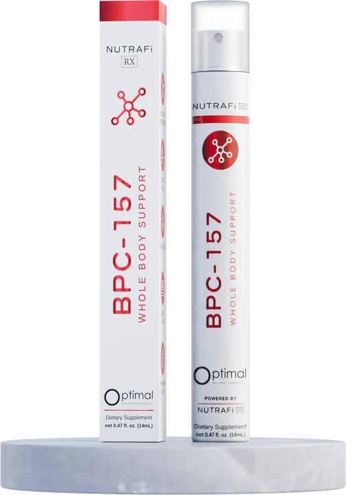 BPC-157 Whole Body Support box and spray tube on a podium, labelled Optimal Balance Pharmacy, powered by NUTRAFi RX