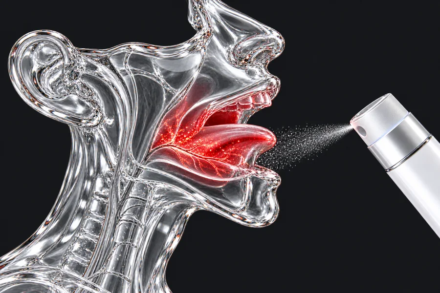 Illustration: an oral spray misting into the mouth, where it is absorbed through the tissue under the tongue and inside the cheek